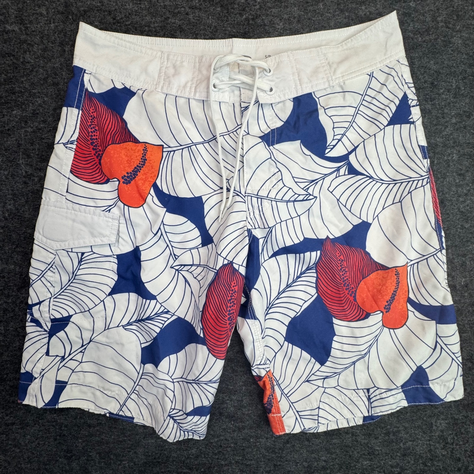 Old Navy Board Shorts Mens Small White Blue Orange Tropical Leaf Sunset Flame 9"